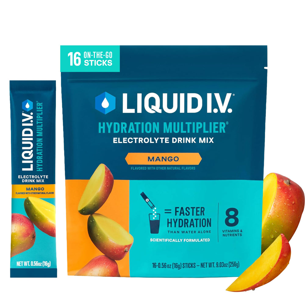 Liquid I.V. mango front packaging showing 16-count for quick hydration