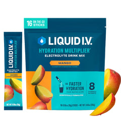 Liquid I.V. mango front packaging showing 16-count for quick hydration