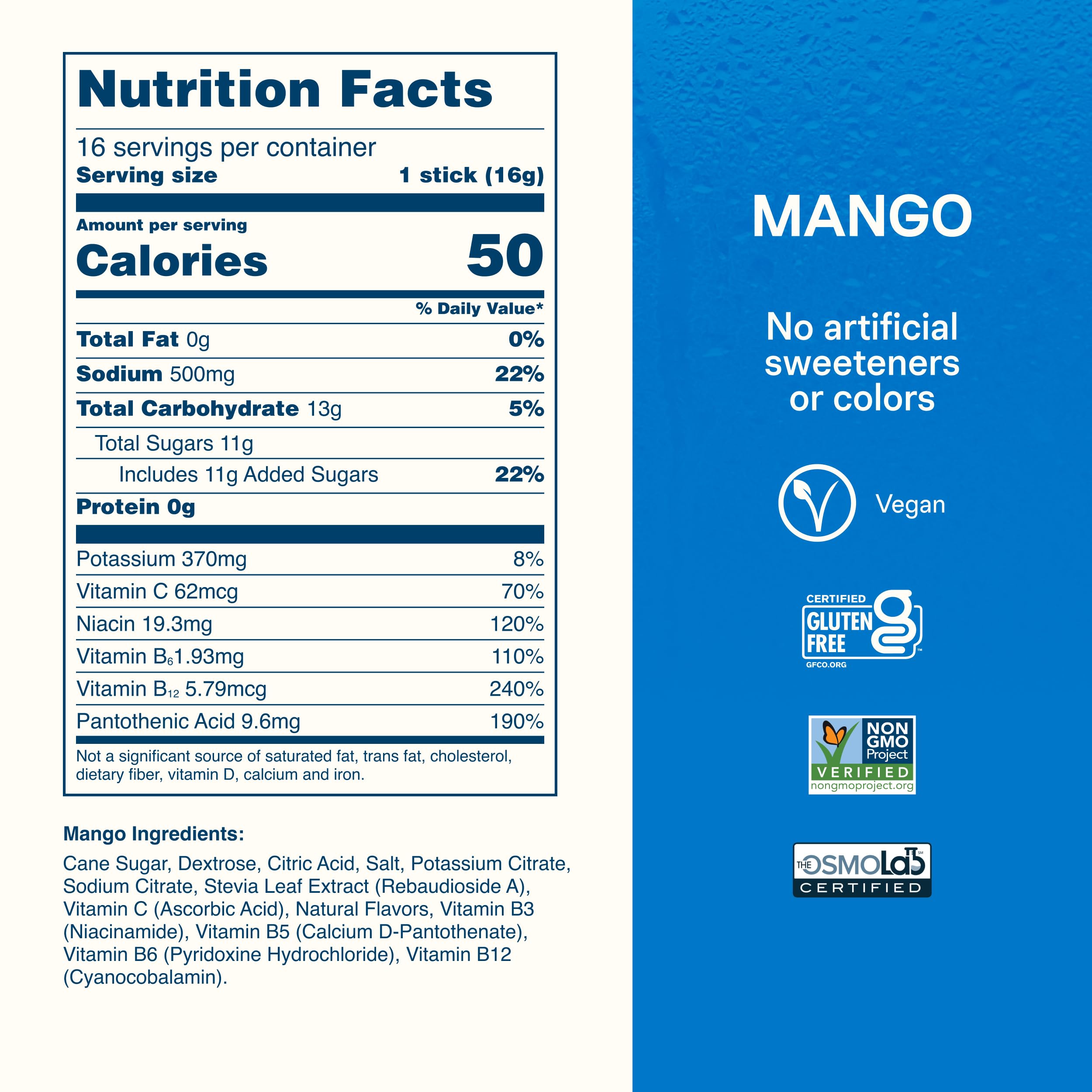 Liquid I.V. mango nutrition label detail showing electrolyte and vitamin facts