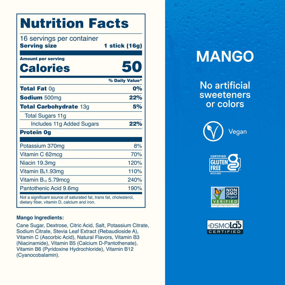 Liquid I.V. mango nutrition label detail showing electrolyte and vitamin facts