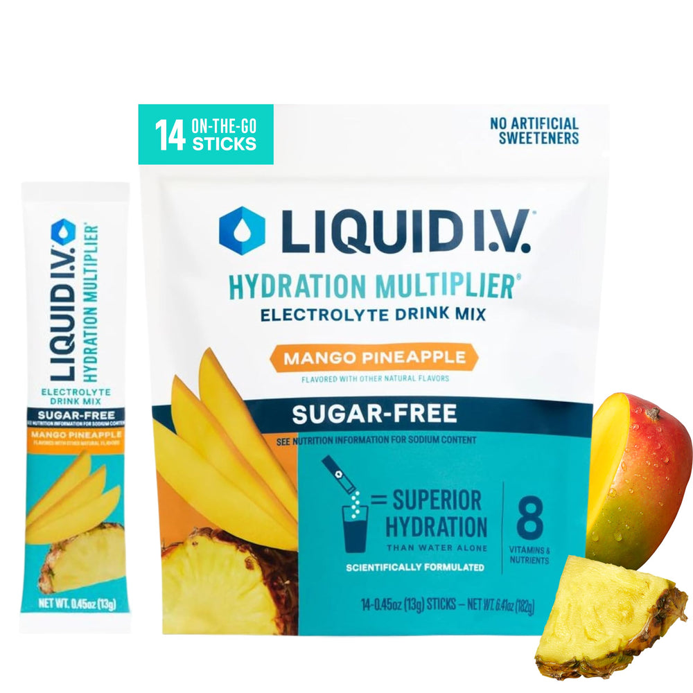 Liquid I.V. front packaging showing mango pineapple flavor and count benefits
