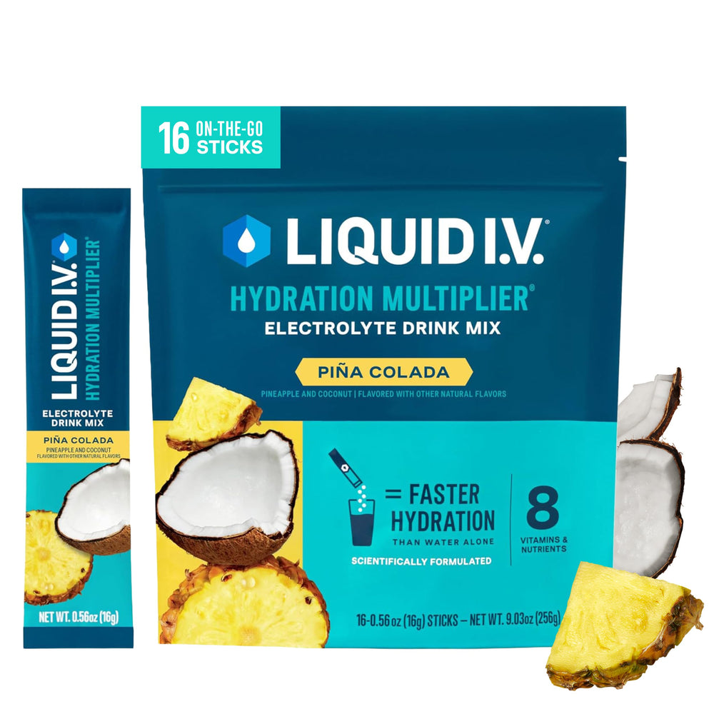 Liquid I.V. front packaging showing 16-count box and tropical branding for convenience