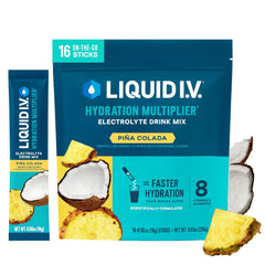 Liquid I.V. front packaging showing 16-count box and tropical branding for convenience
