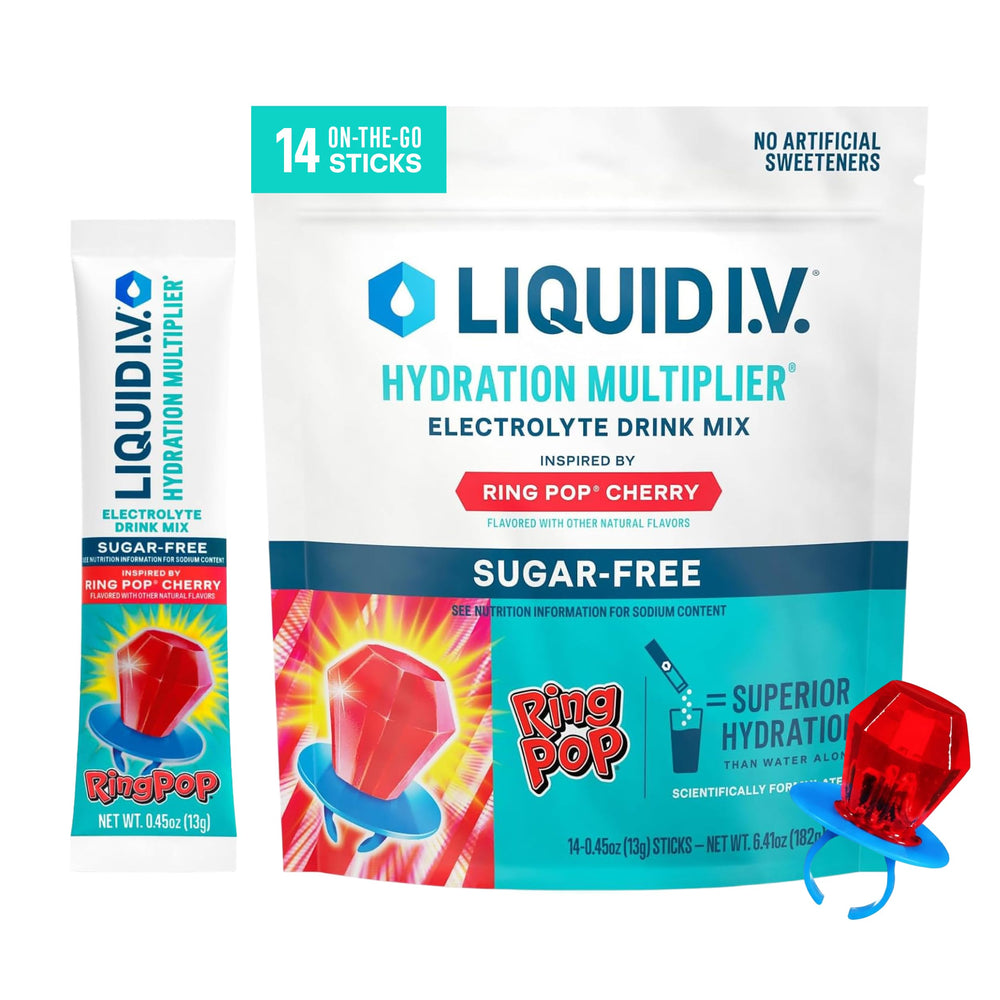 Liquid I.V. front packet showing Ring Pop Cherry flavor and convenient use