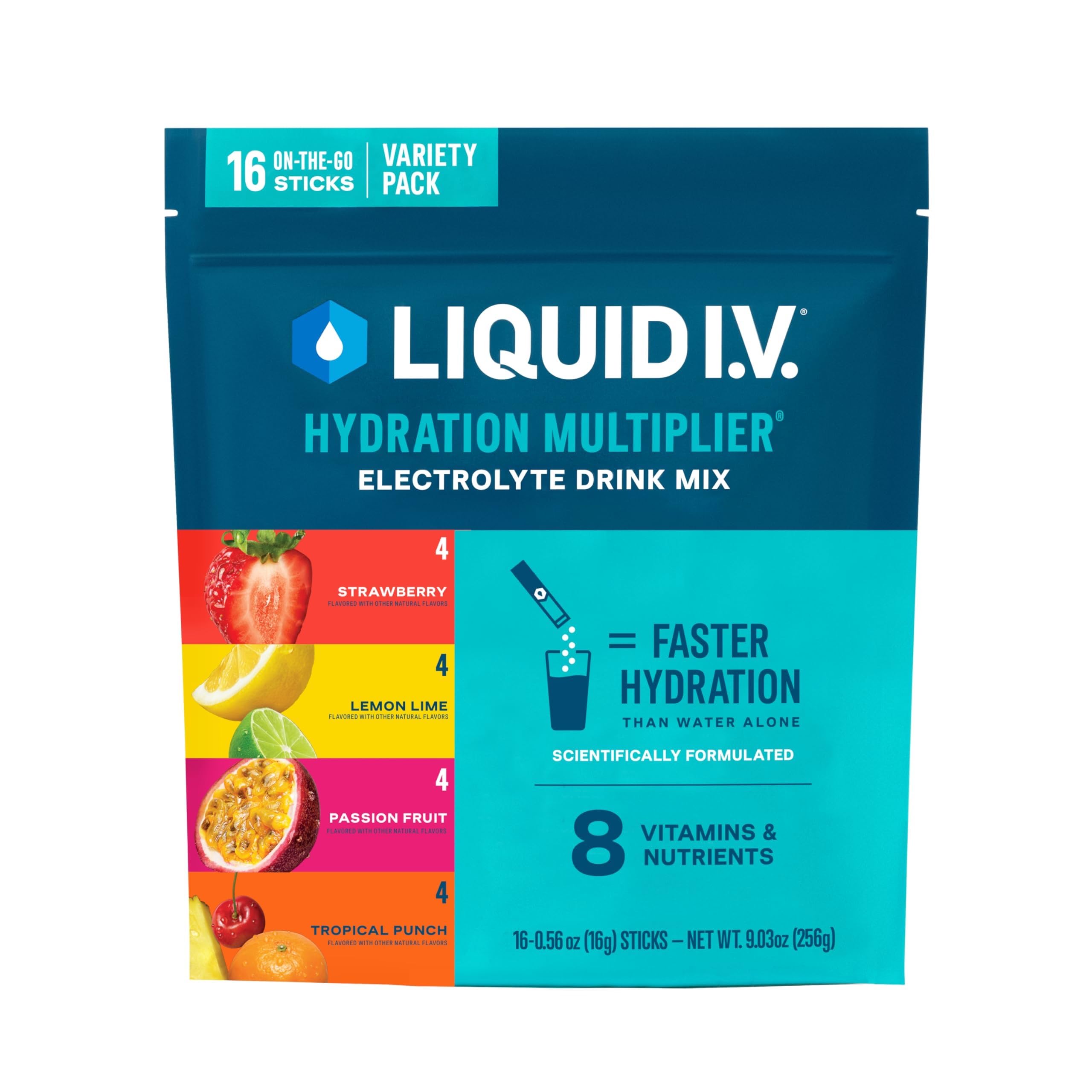 Liquid I.V. box front showing variety pack and fast hydration benefit