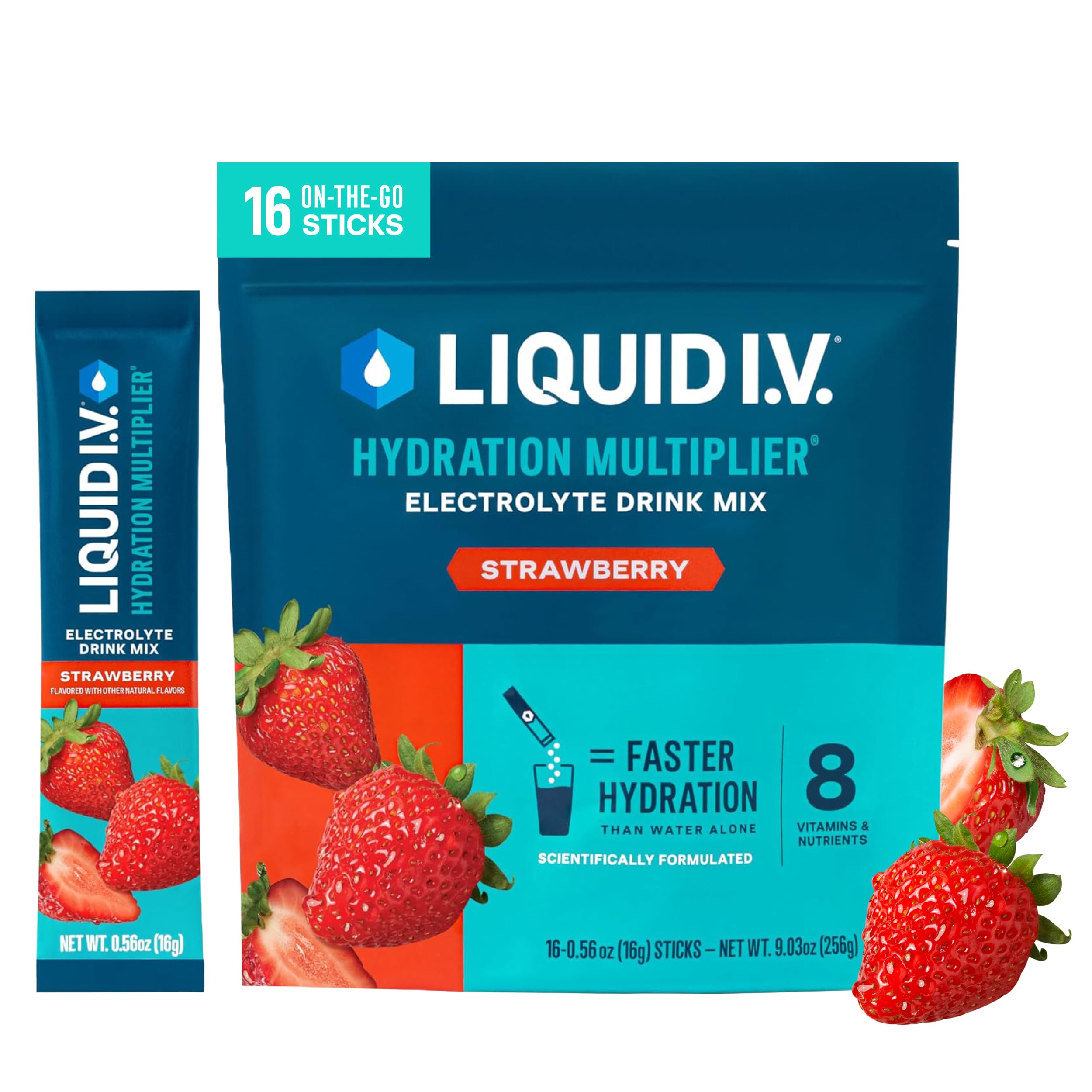 Liquid I.V. front box showing 16 strawberry packets and easy portability benefit