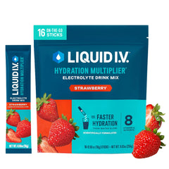 Liquid I.V. front box showing 16 strawberry packets and easy portability benefit