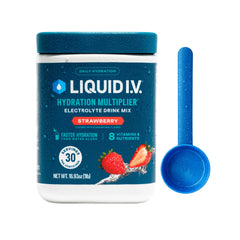 Liquid I.V. tub front view showing strawberry flavor and 30 servings for convenience