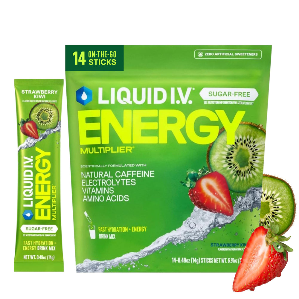 Liquid I.V. packet front view showing Strawberry Kiwi flavor and convenience