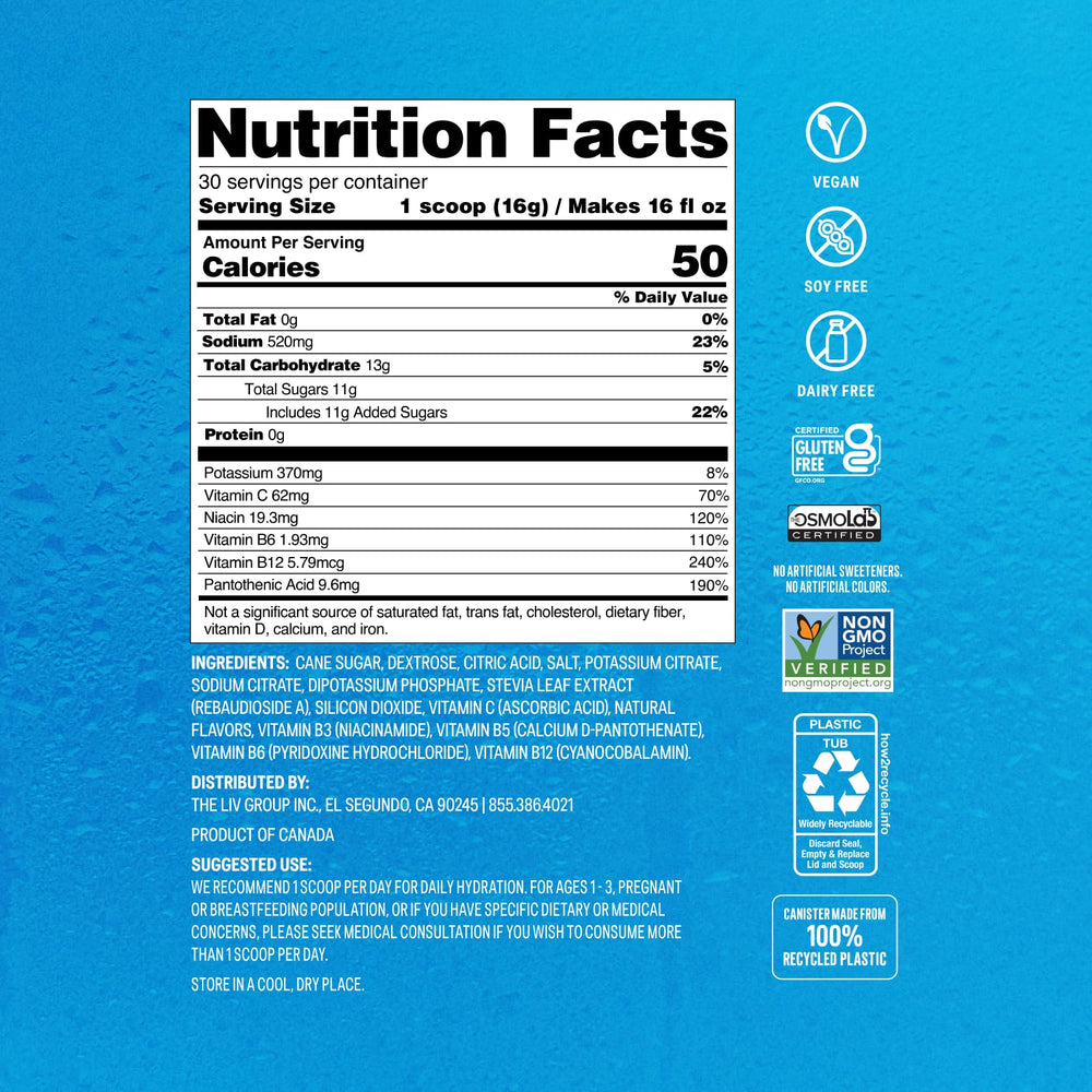 Liquid I.V. tub next to a kitchen scale to show size and 30-serving portion clarity