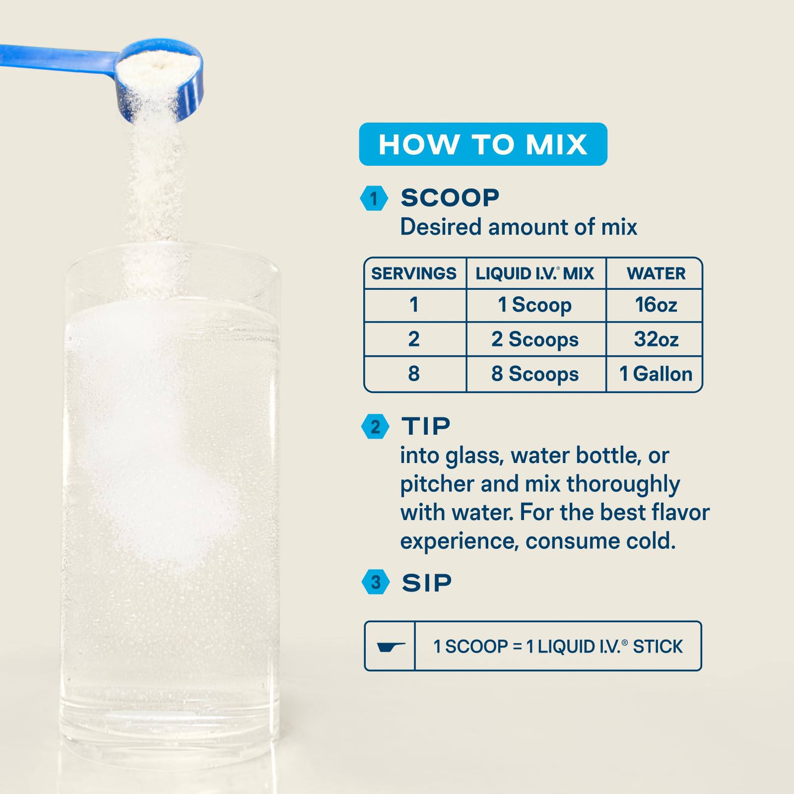 Scoop measuring powder from Liquid I.V. tub for precise serving control and customization