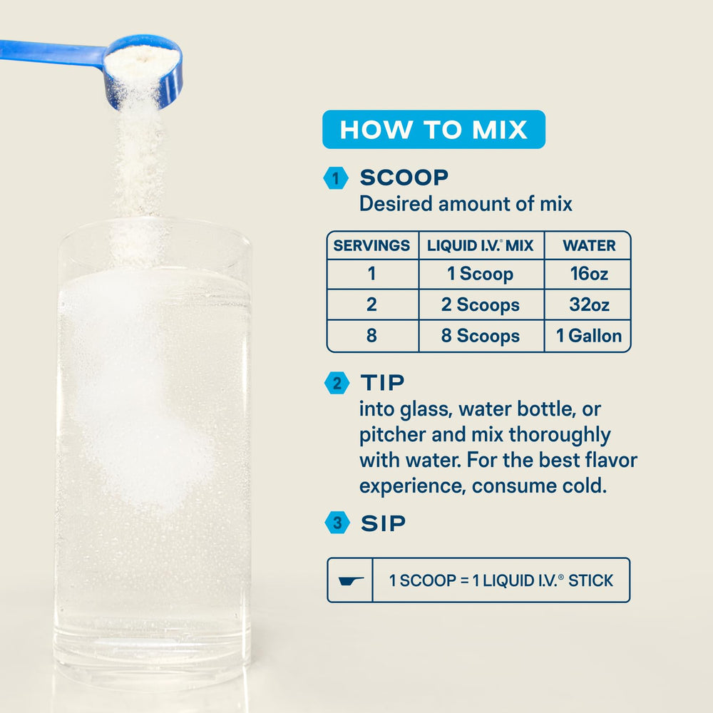 Scoop measuring powder from Liquid I.V. tub for precise serving control and customization