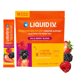 Liquid I.V. front packaging showing Wild Berry Blend and benefits