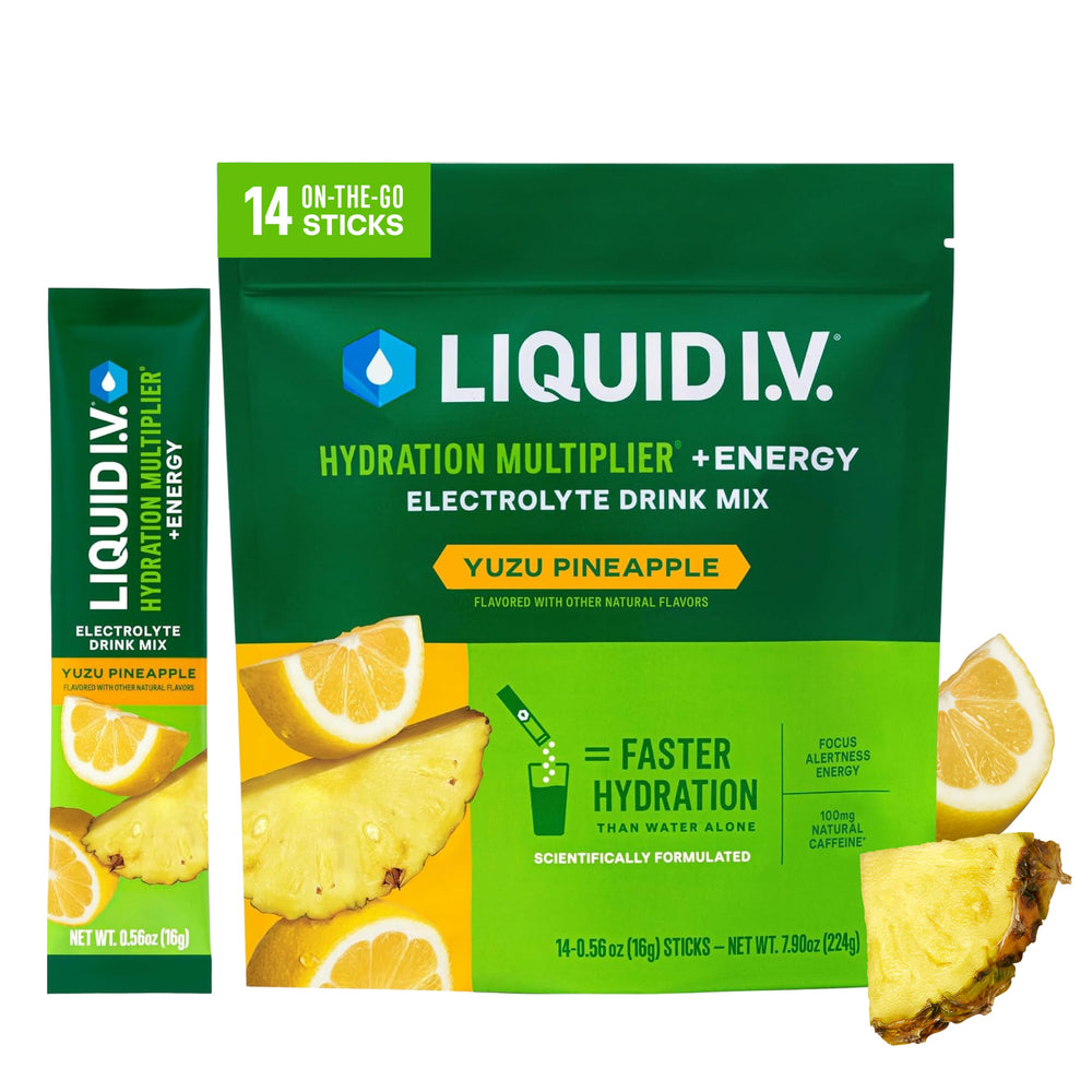 Liquid I.V. front packet showing yuzu pineapple flavor and quick hydration benefit