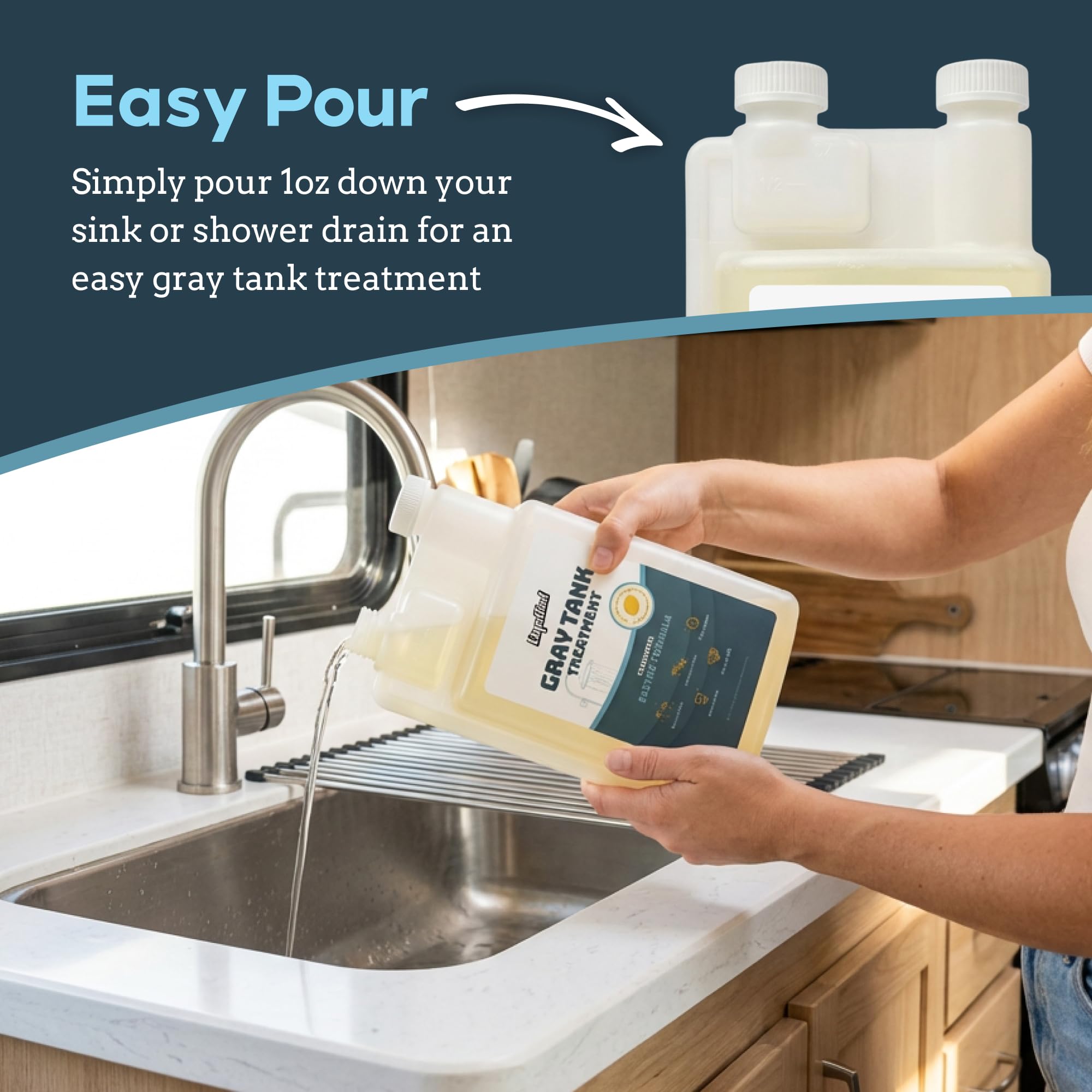 Illustrated RV tank with Liquified RV Toilet Treatment in use reducing buildup