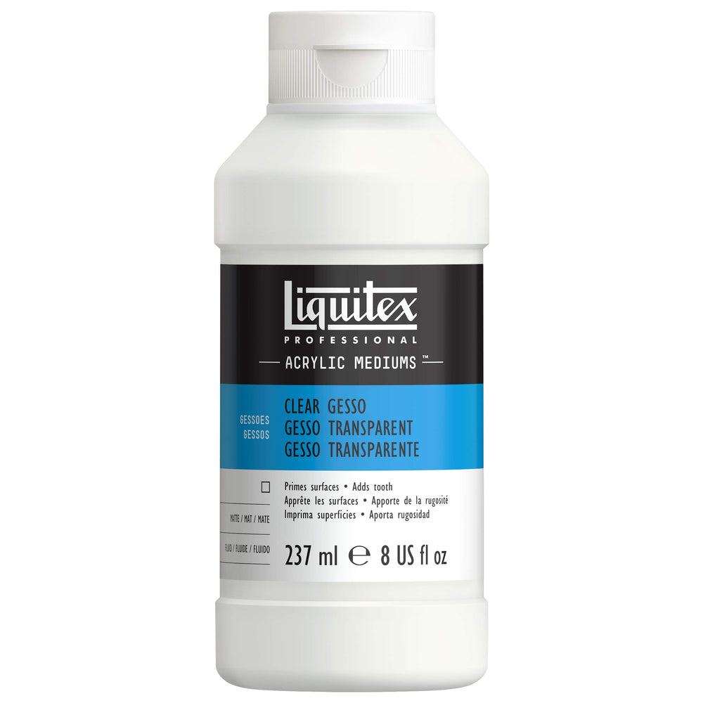 Liquitex clear gesso bottle front label showing product and size, convenient for studio use