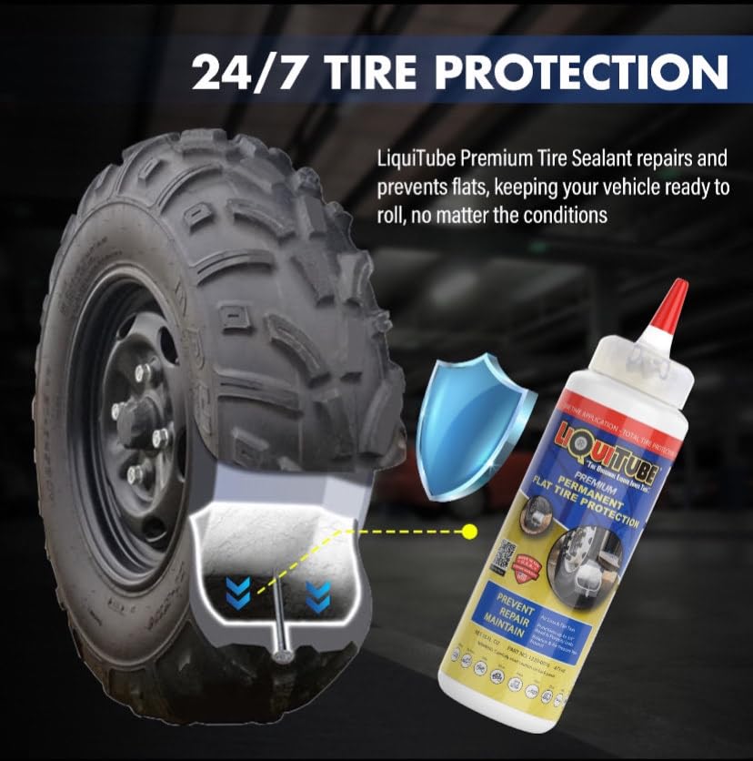 Interior view of a tubeless tire with LiquiTube coating the tread area, preventing air loss