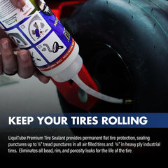 Close-up of LiquiTube sealant pouring from bottle into tire valve, showing easy application benefit