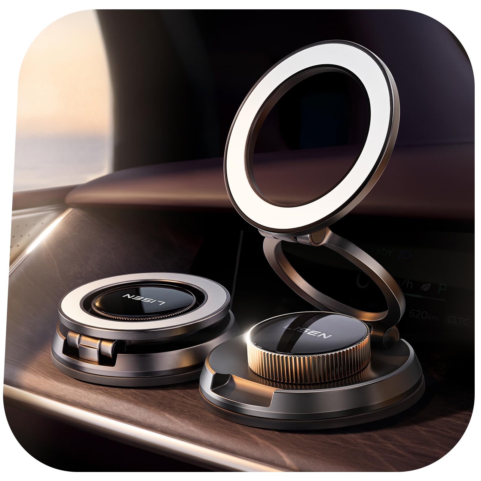 LISEN front view showing all‑metal vacuum mount and magnetic face for premium durability