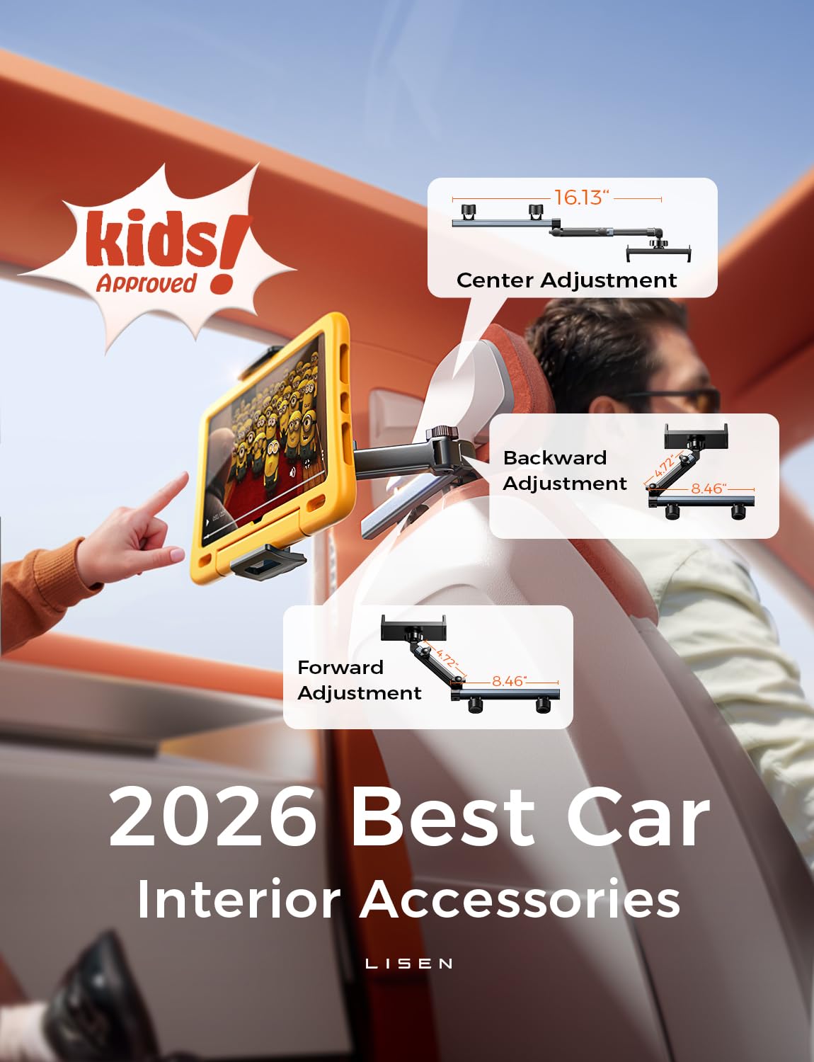 LISEN installation step attached to headrest posts showing tool-free setup benefit