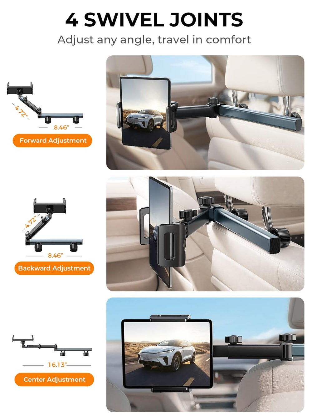 LISEN side angle mounted on headrest demonstrating adjustable viewing benefit