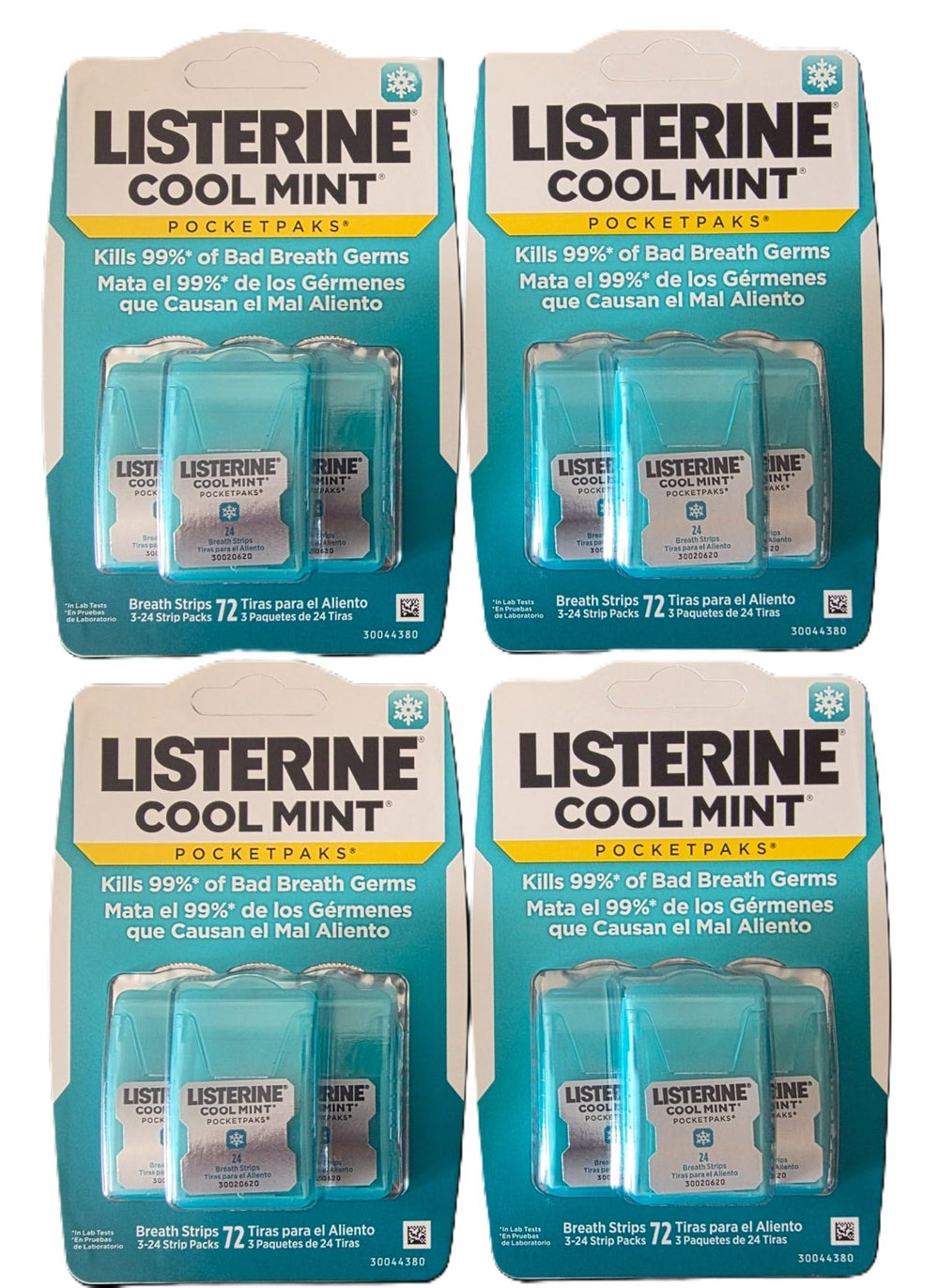 Listerine Cool Mint Pocketpaks front pack showing compact travel-ready strips and fresh mint benefit