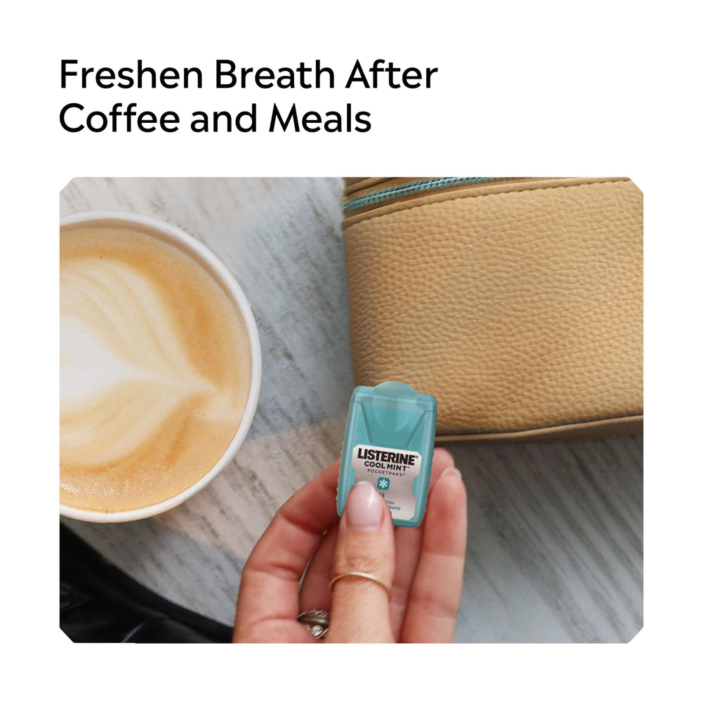 Listerine PocketPaks open case with stacked strips for instant access
