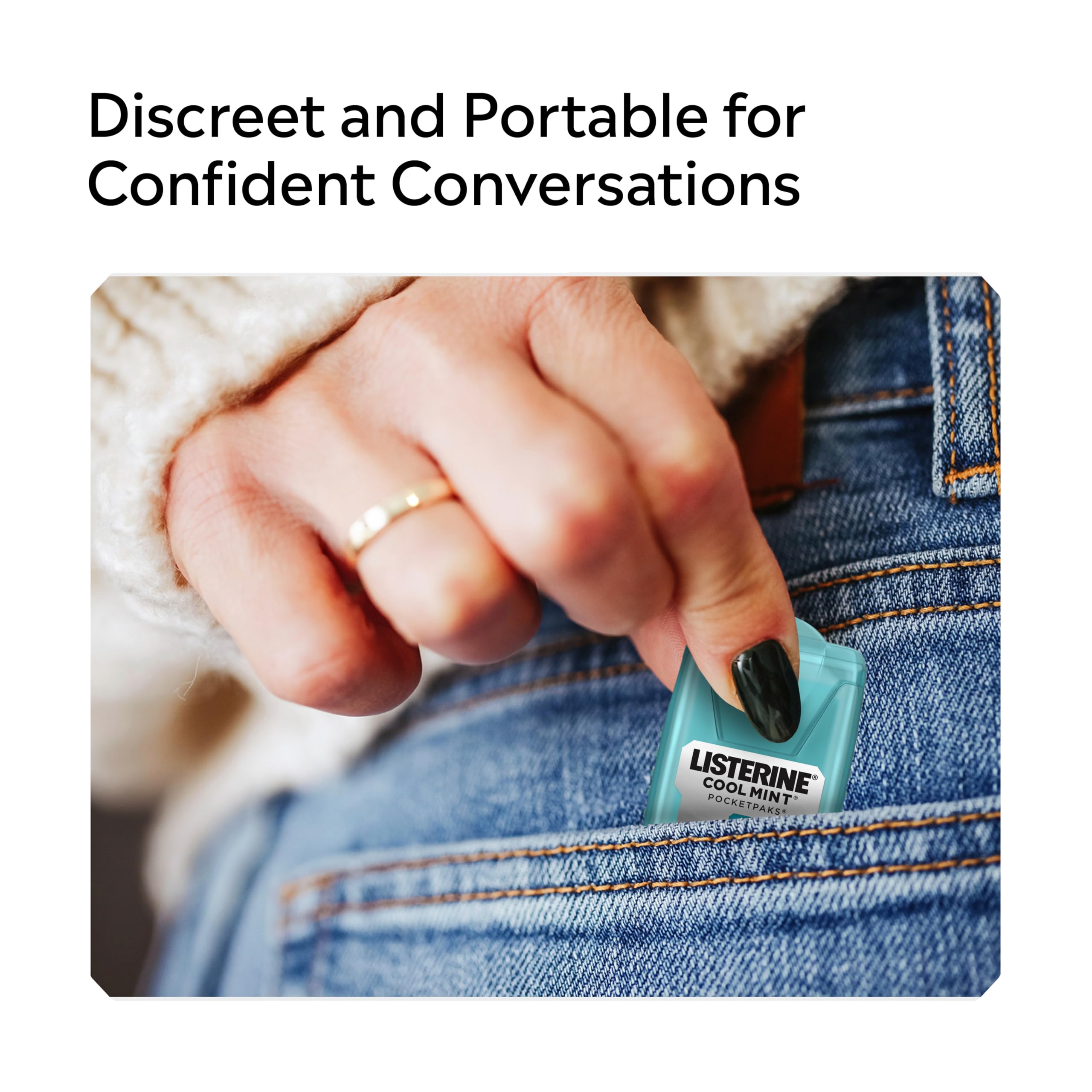 Listerine PocketPaks case next to a credit card showing pocket-friendly size