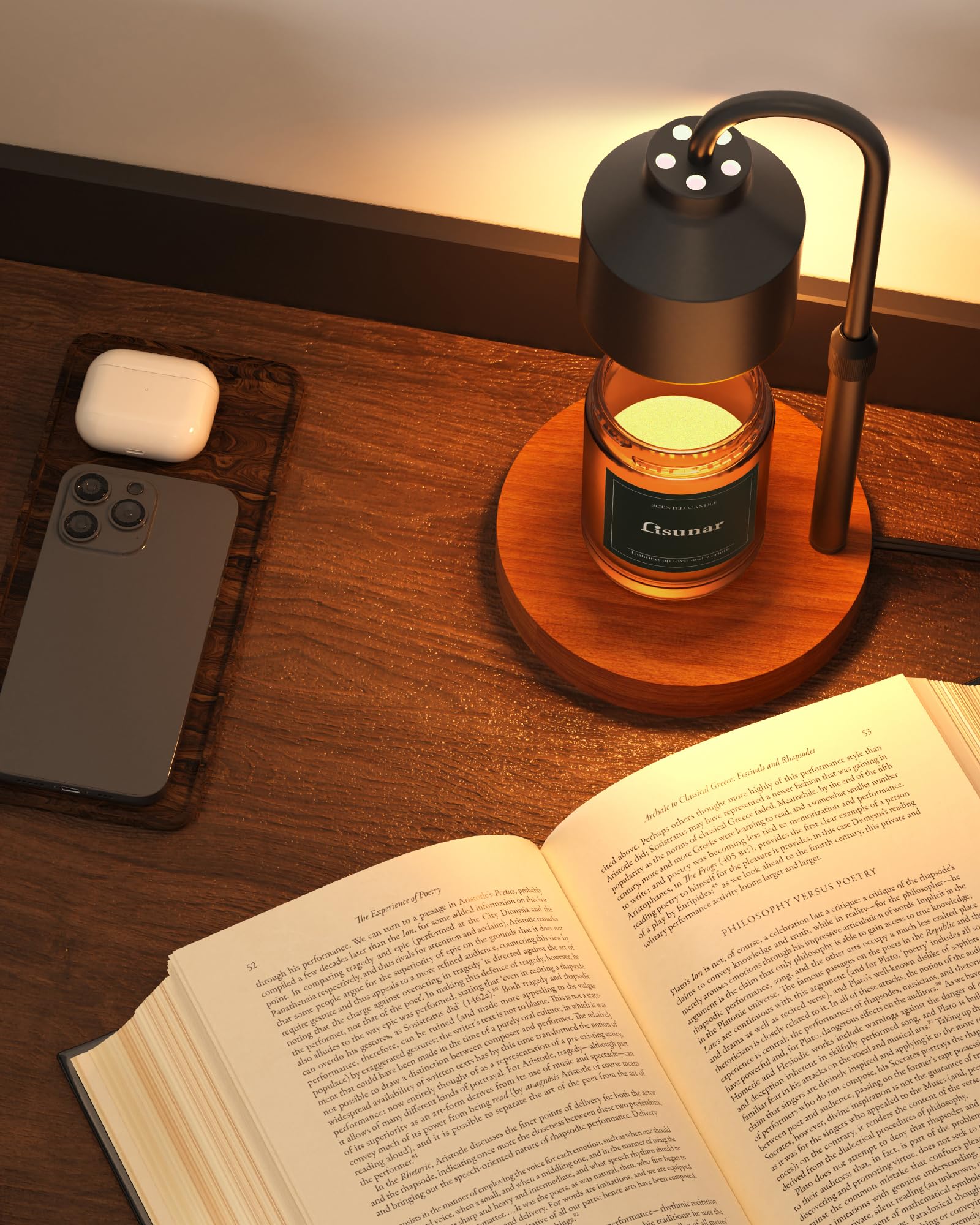 LISUNAR warming a jar candle with warm glow illustrating flame-free fragrance release