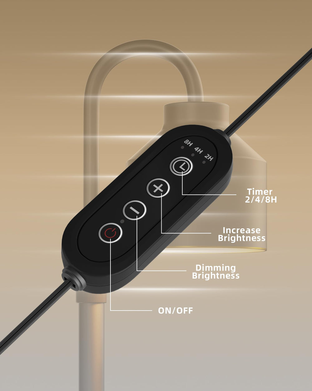 Detail of LISUNAR stepless dimmer and +/- buttons showing precise lighting and fragrance control