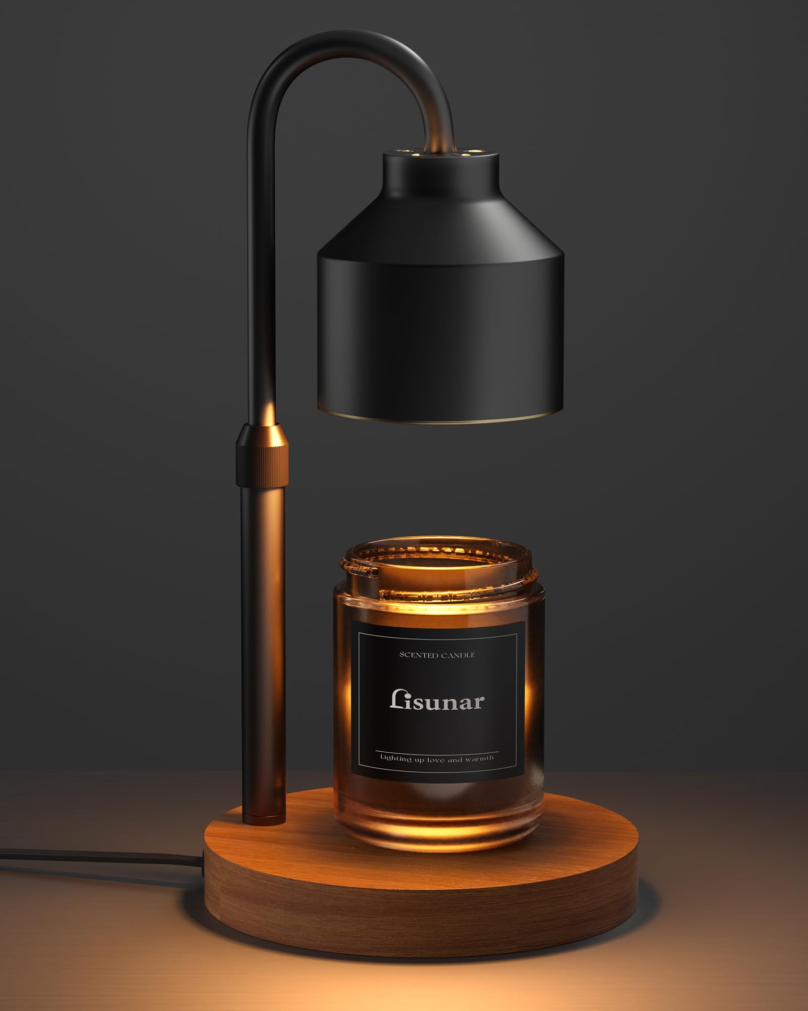 LISUNAR front view of black candle warmer lamp showing sleek shade and wood base for elegant scenting