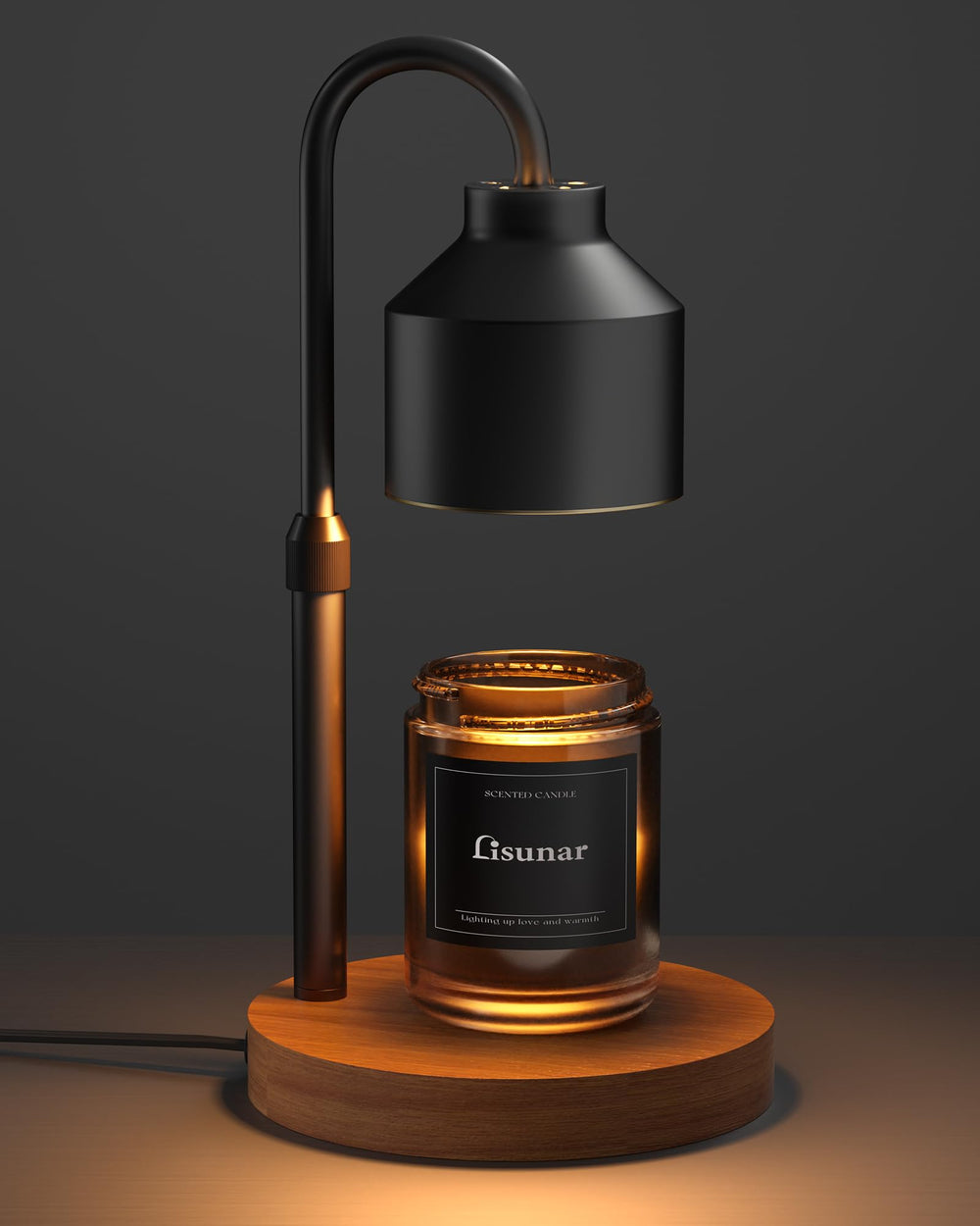 LISUNAR front view of black candle warmer lamp showing sleek shade and wood base for elegant scenting