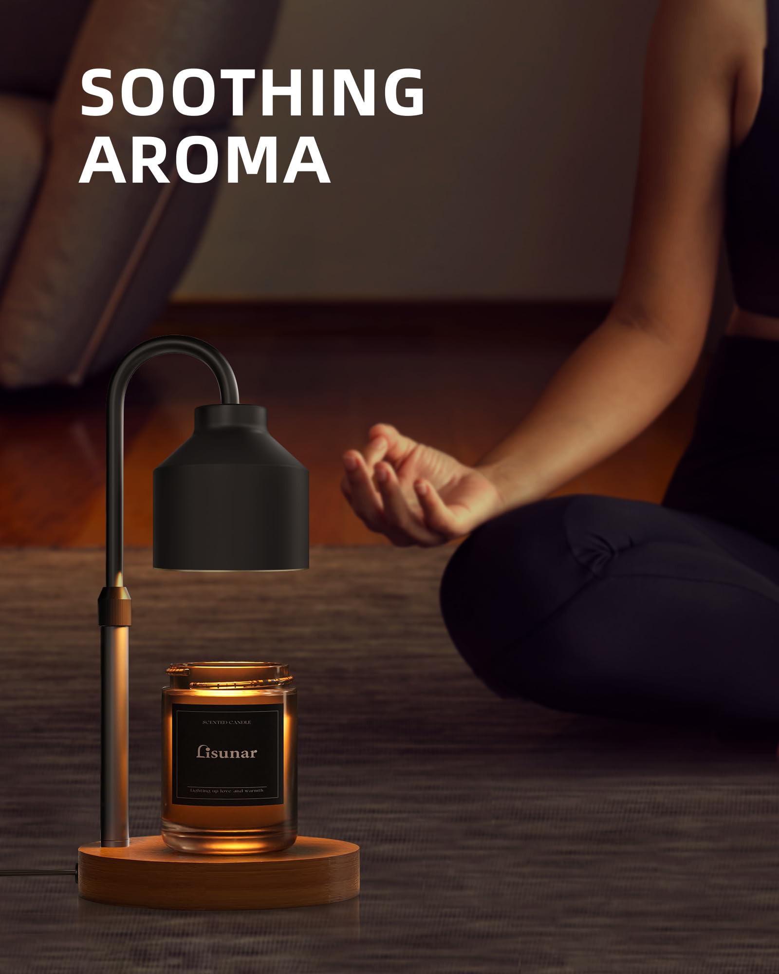 LISUNAR next to jar candle showing scale and compatibility with up to 6.1-inch candles