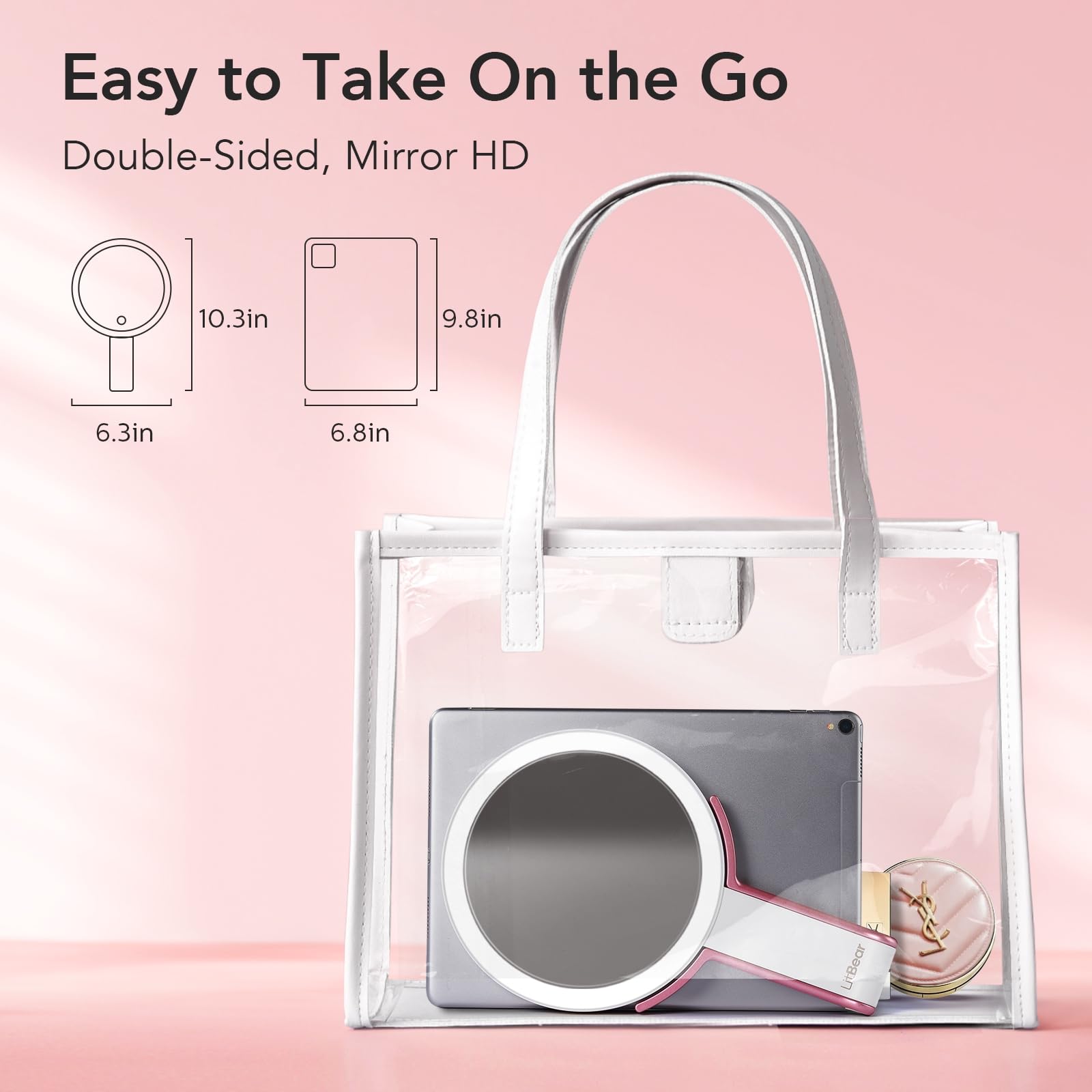 LitBear back view with foldaway handle for comfortable handheld makeup application