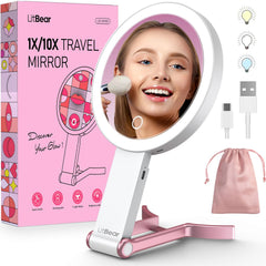 LitBear front view of lighted mirror showing bright even LEDs for flawless makeup