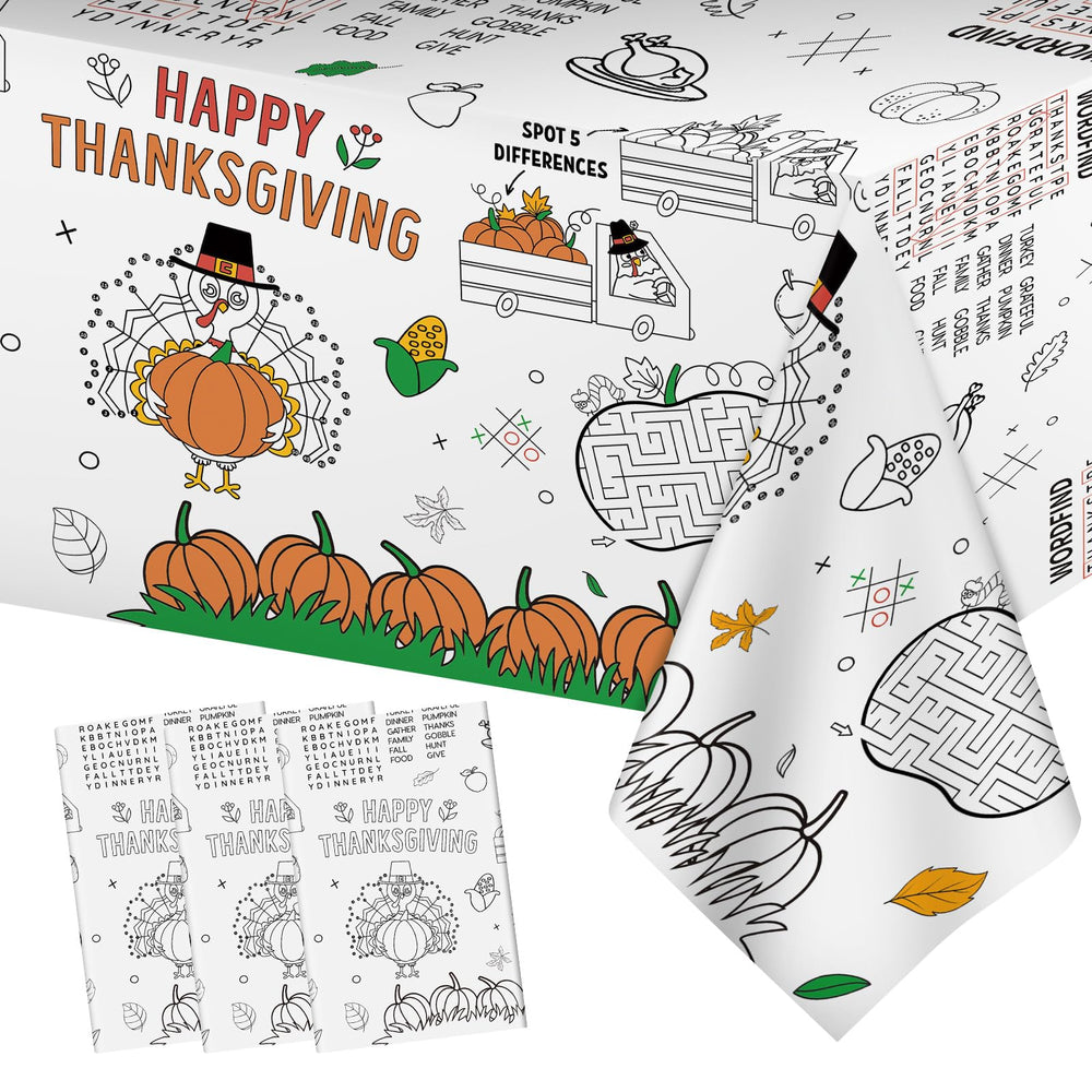 Litmitfu front packaging of three Thanksgiving coloring tablecloths showing value