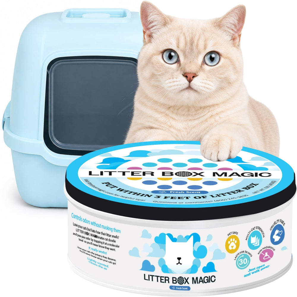 Litter Box Magic front jar view showing label and fresh scent benefit