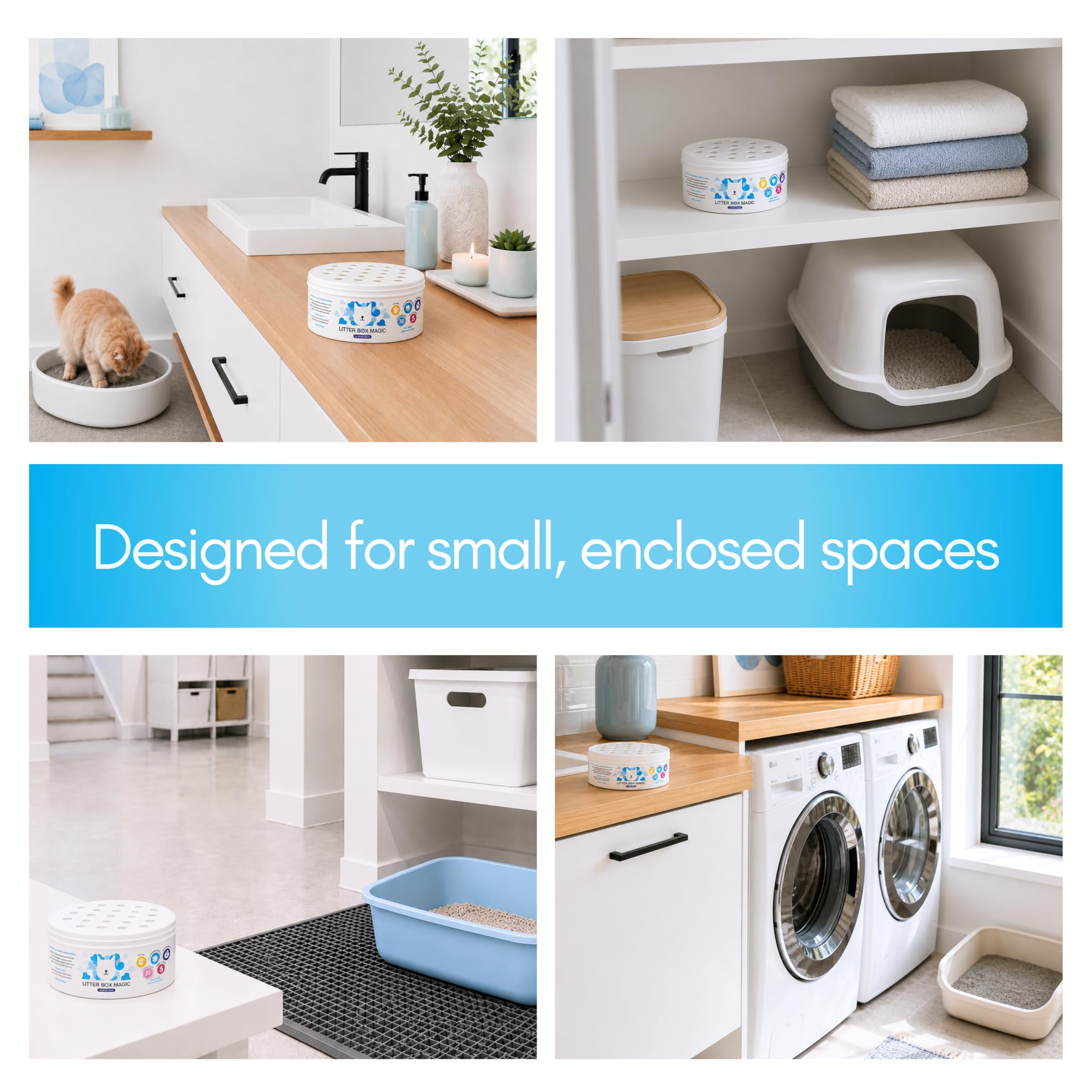 Litter Box Magic placed beside litter box demonstrating odor control