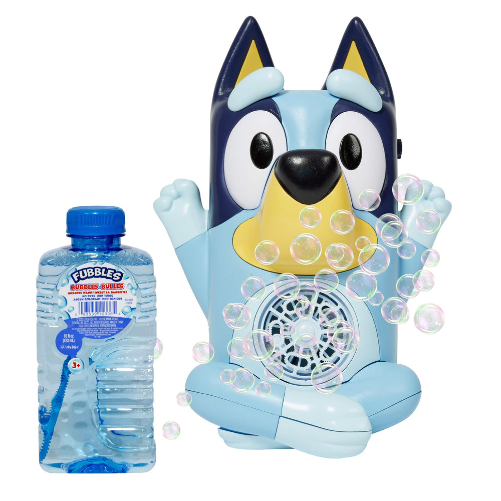Little Kids Bluey bubble machine front view showing fun character and easy start button benefit