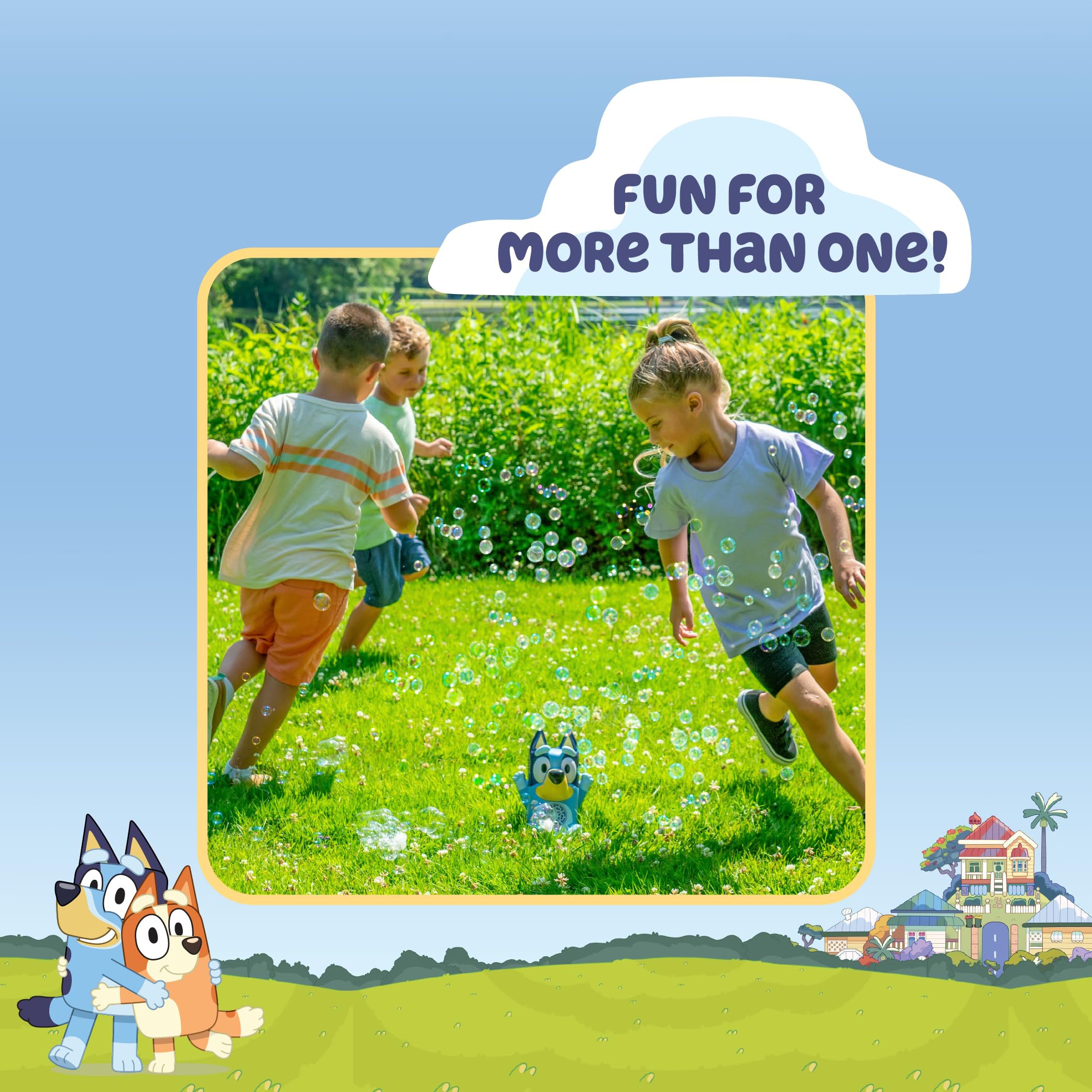Little Kids Bluey bubble machine producing bubbles in park for joyful outdoor family entertainment