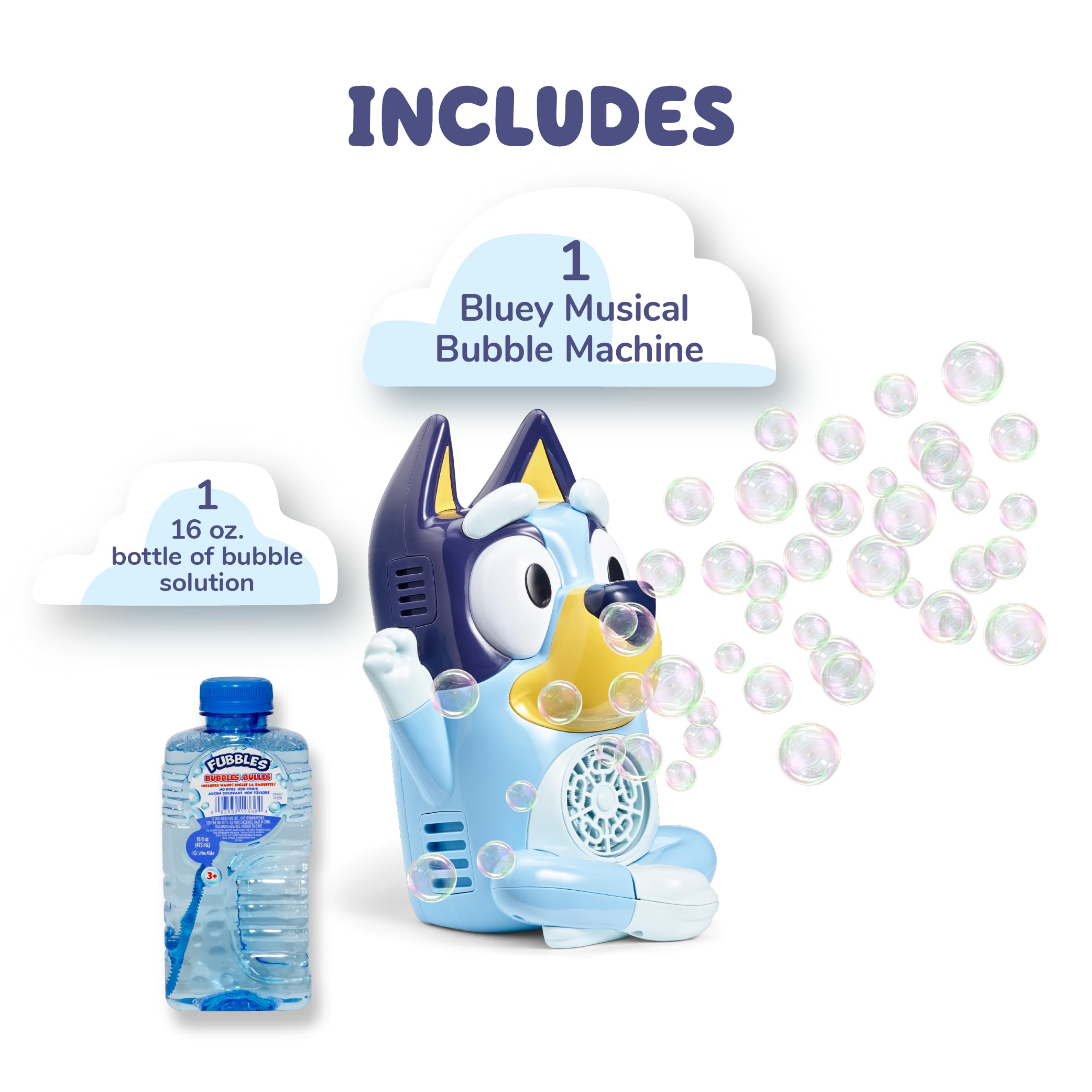 Little Kids Bluey bubble machine side profile highlighting sturdy no-spill design for cleaner play