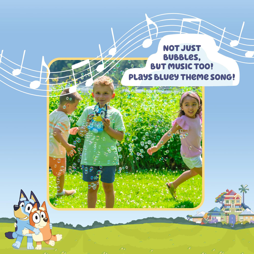 Little Kids Bluey bubble machine top controls showing music switch and mode options for versatility