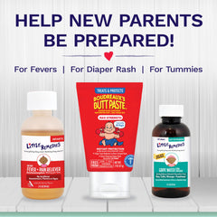 Little Remedies infant acetaminophen bottle label, highlighting clear dosing and safety benefit