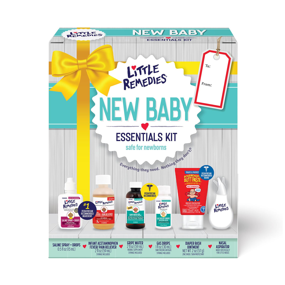 Little Remedies front package showing all six newborn essentials and easy storage benefit