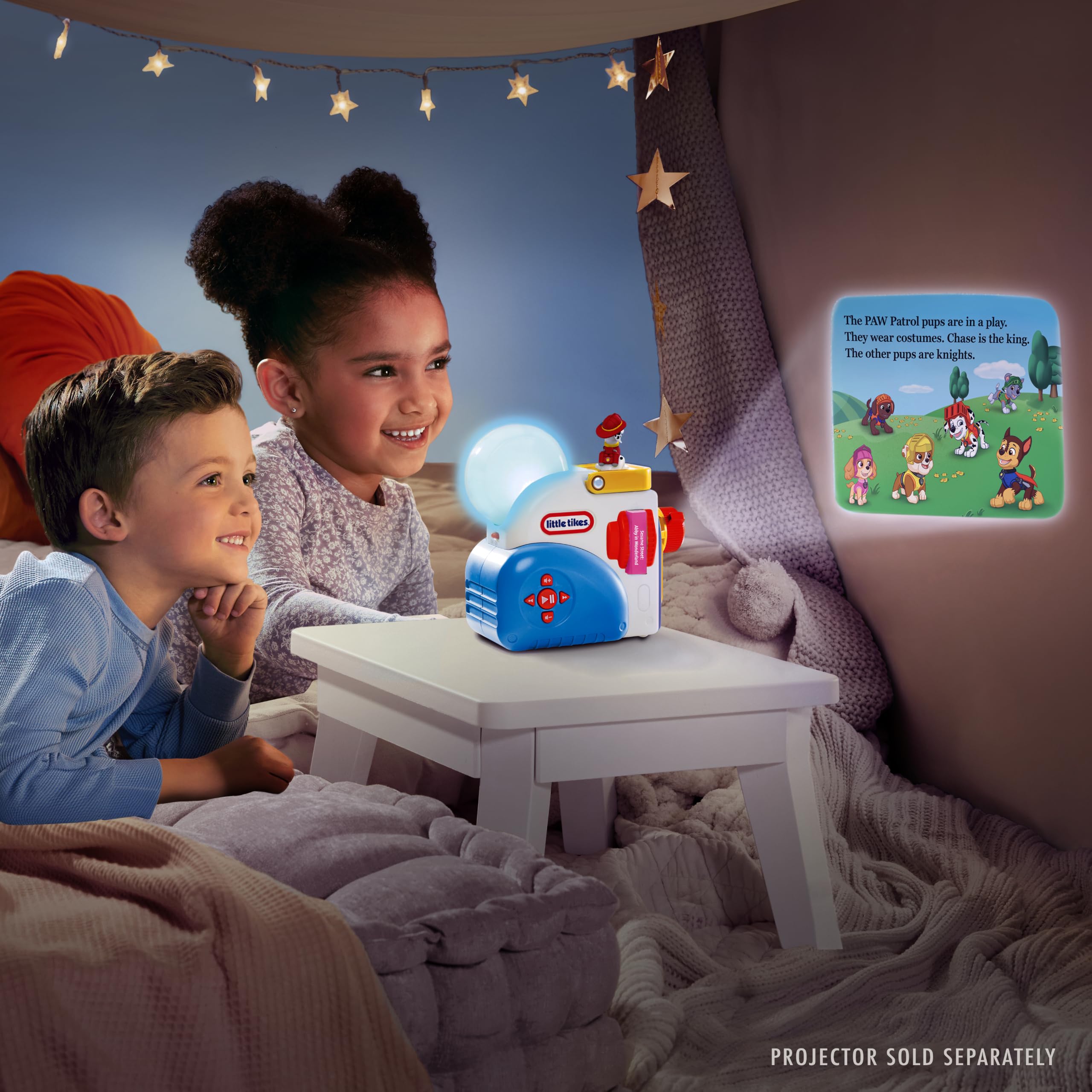 Little Tikes Marshall projecting colorful PAW Patrol scenes on a bedroom wall for engagement