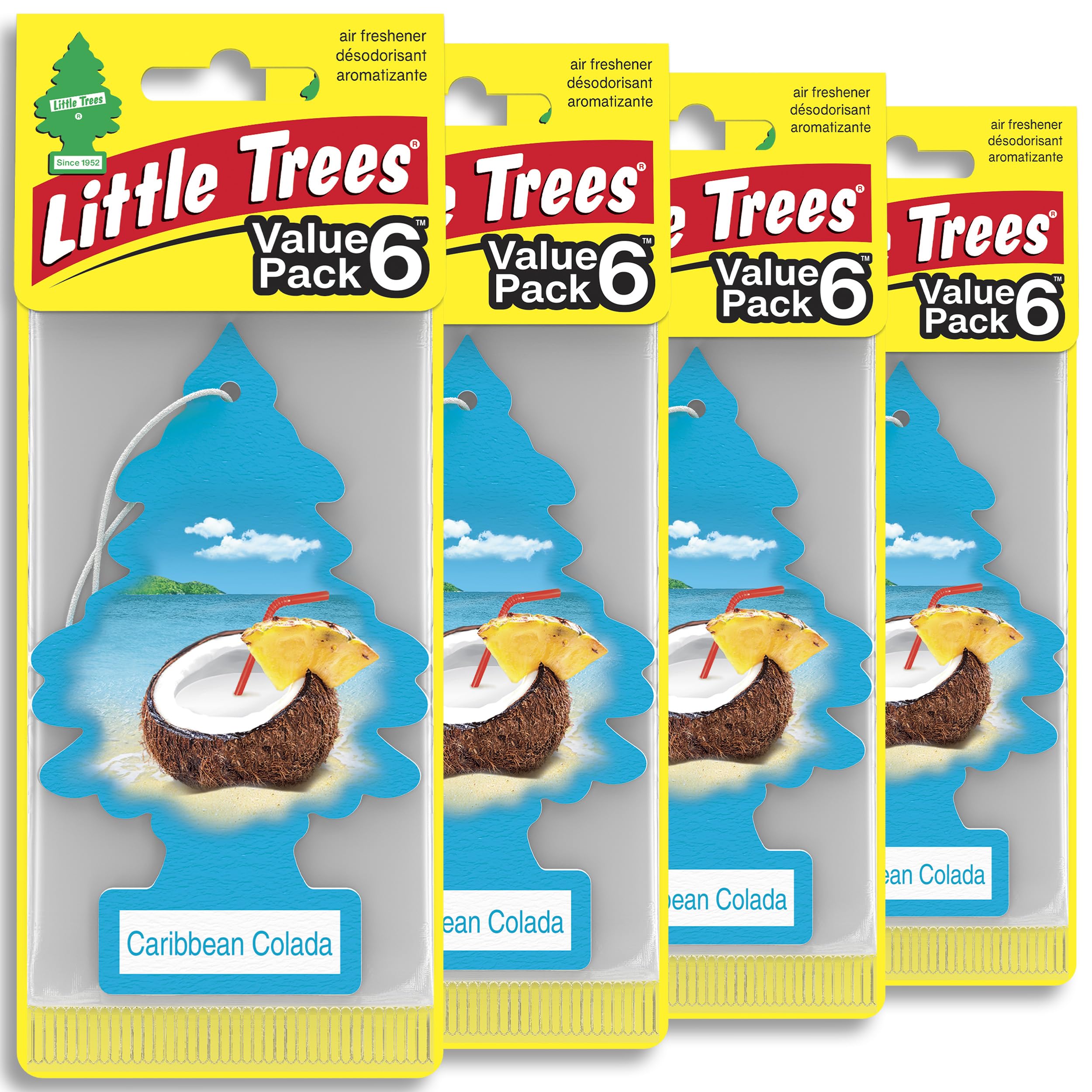 LITTLE TREES front packaging showing Caribbean Colada and 24-count benefit