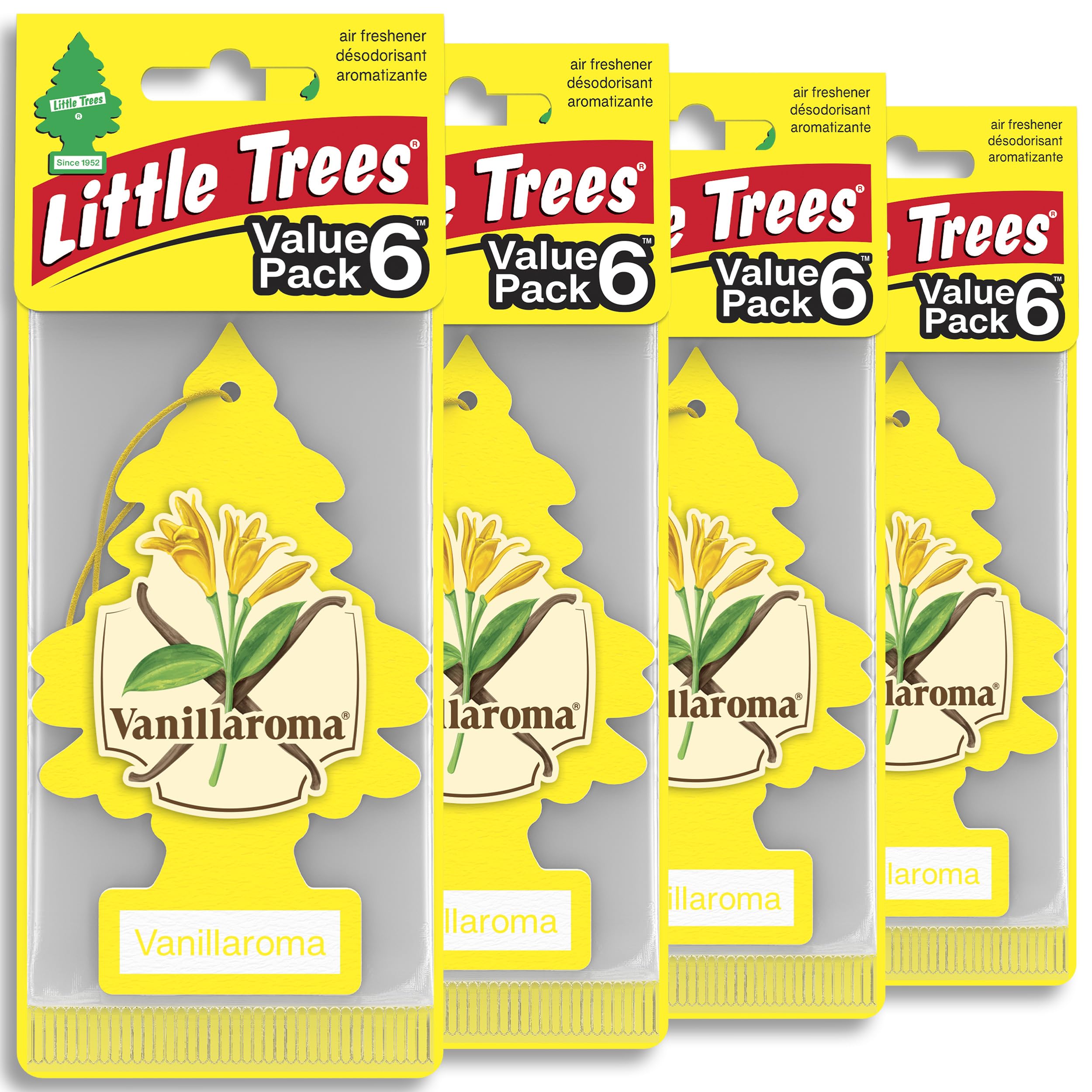 LITTLE TREES Vanillaroma front pack shows 24 hanging trees, easy replenishment