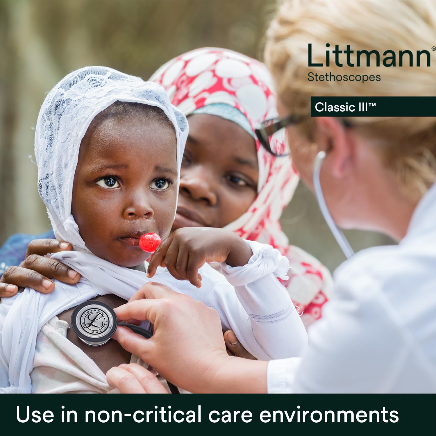 Clinician using Littmann stethoscope to examine adult patient accurately