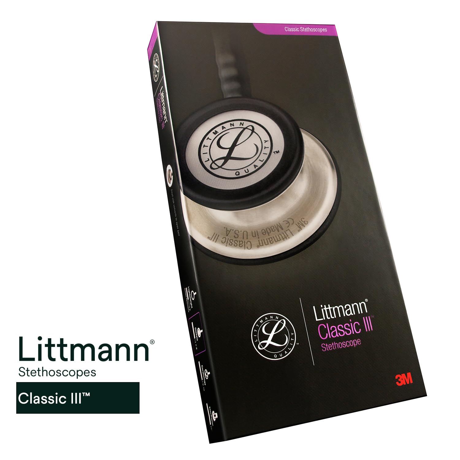 Contents laid out: Littmann Classic III, eartips, bell sleeve and instructions for readiness