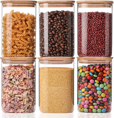 Liuruiyu front view of six square glass jars showing neat pantry organization and clear labeling